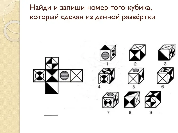 Найди и запиши номер того кубика, который сделан из данной развёртки