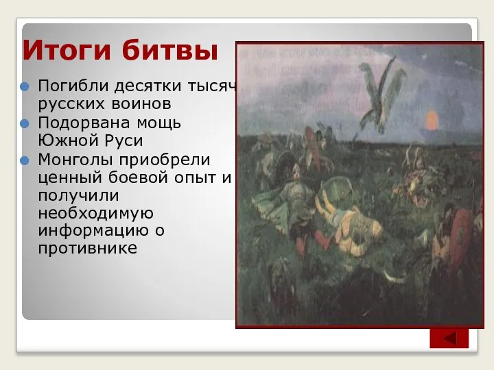 Итоги битвы Погибли десятки тысяч русских воинов Подорвана мощь Южной Руси Монголы