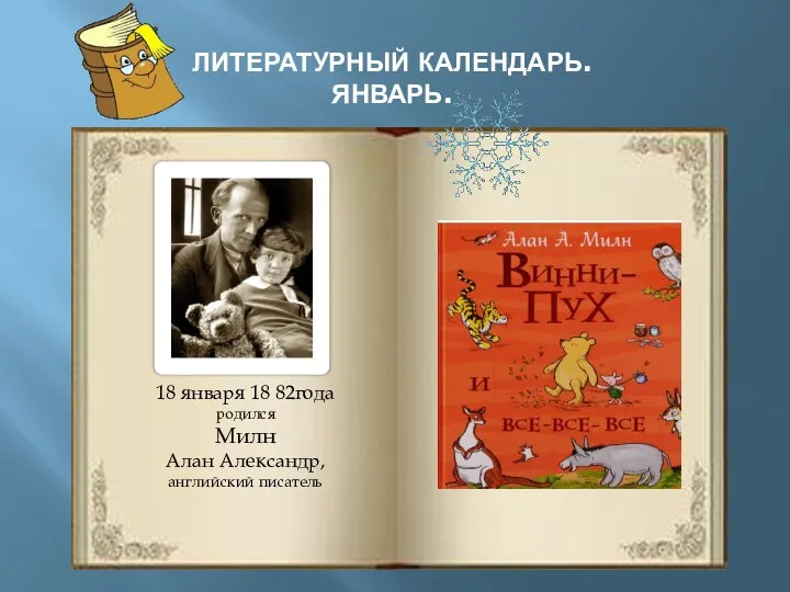 ЛИТЕРАТУРНЫЙ КАЛЕНДАРЬ. ЯНВАРЬ. 18 января 18 82года родился Милн Алан Александр, английский писатель