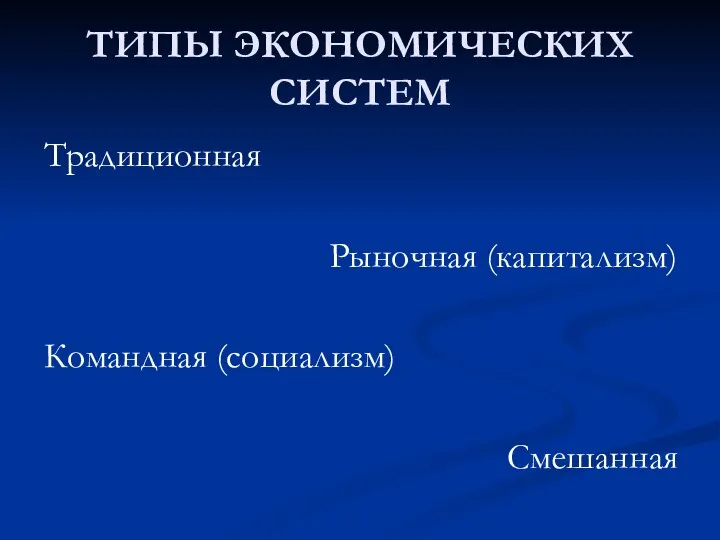 ТИПЫ ЭКОНОМИЧЕСКИХ СИСТЕМ Традиционная Рыночная (капитализм) Командная (социализм) Смешанная