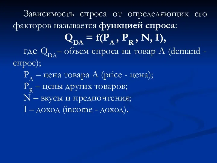 Зависимость спроса от определяющих его факторов называется функцией спроса: QDA = f(РА