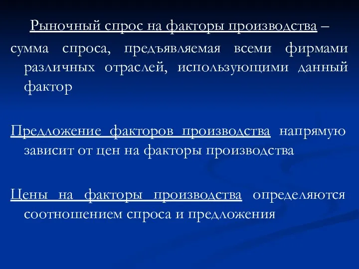 Рыночный спрос на факторы производства – сумма спроса, предъявляемая всеми фирмами различных