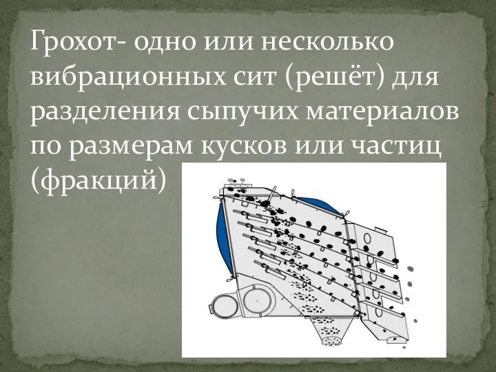 Грохот- одно или несколько вибрационных сит (решёт) для разделения сыпучих материалов по