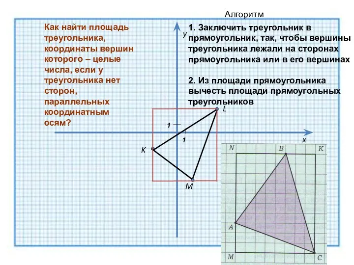 K M L y x Как найти площадь треугольника, координаты вершин которого