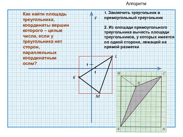 K M L y x Как найти площадь треугольника, координаты вершин которого