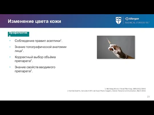 Изменение цвета кожи Соблюдение правил асептики1. Знание топографической анатомии лица1. Корректный выбор