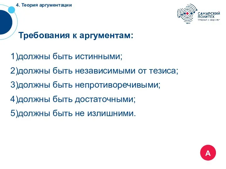 А Требования к аргументам: должны быть истинными; должны быть независимыми от тезиса;