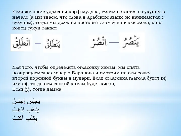 Если же после удаления харф мудара, глагол остается с сукуном в начале