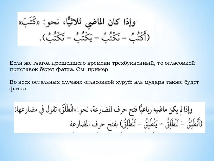 Если же глагол прошедшего времени трехбуквенный, то огласовкой приставок будет фатха. См.