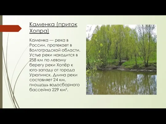 Каменка (приток Хопра) Каменка — река в России, протекает в Волгоградской области.