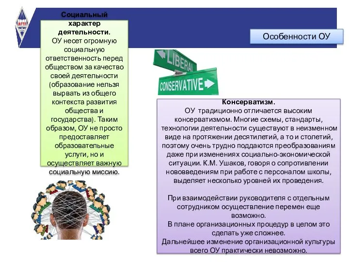 Особенности ОУ Консерватизм. ОУ традиционно отличается высоким консерватизмом. Многие схемы, стандарты, технологии