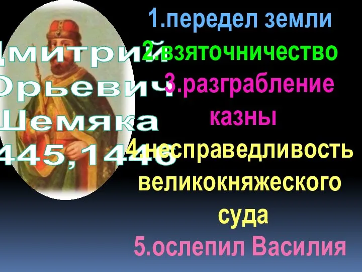 Дмитрий Юрьевич Шемяка 1445,1446 1.передел земли 2.взяточничество 3.разграбление казны 4.несправедливость великокняжеского суда 5.ослепил Василия