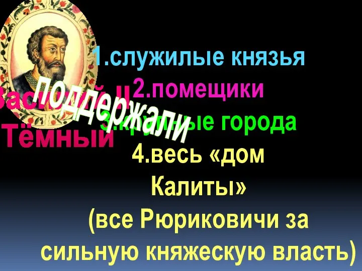 Василий II Тёмный 1.служилые князья 2.помещики 3.крупные города 4.весь «дом Калиты» (все