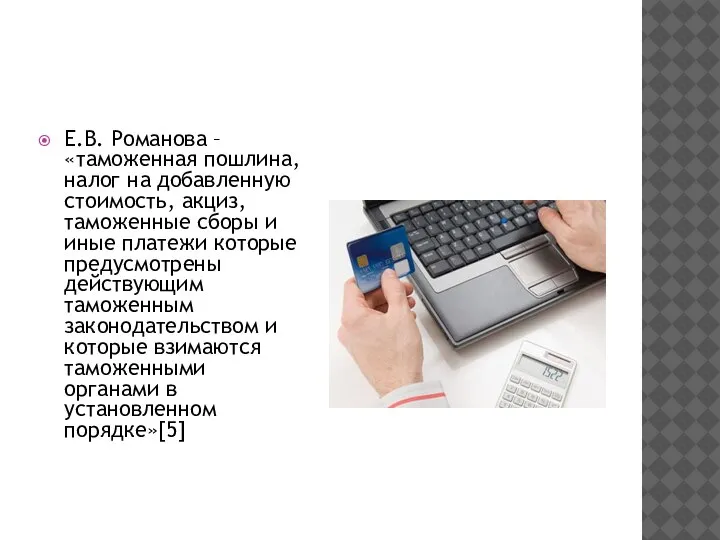 Е.В. Романова – «таможенная пошлина, налог на добавленную стоимость, акциз, таможенные сборы