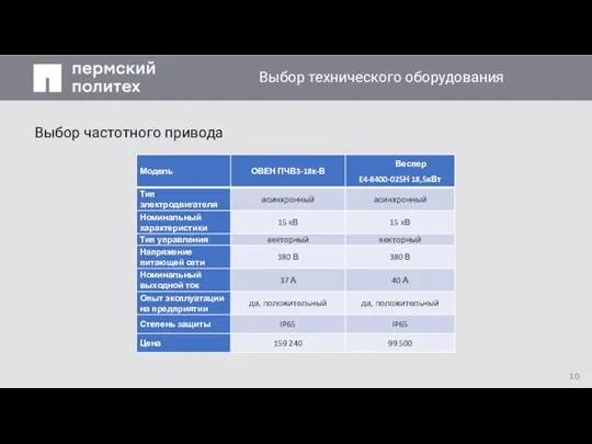 Заголовок слайда Выбор частотного привода Выбор технического оборудования 10