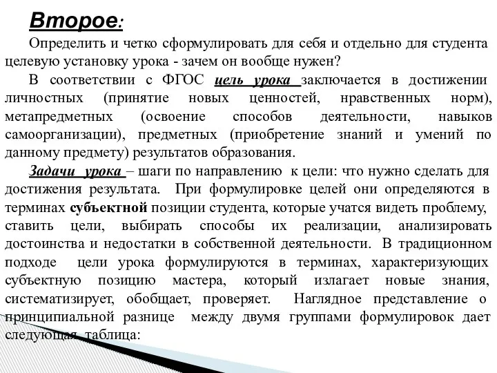 Второе: Определить и четко сформулировать для себя и отдельно для студента целевую