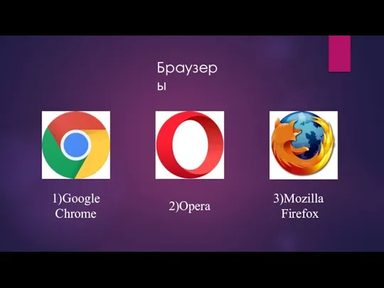 Браузеры 1)Google Chrome 2)Opera 3)Mozilla Firefox