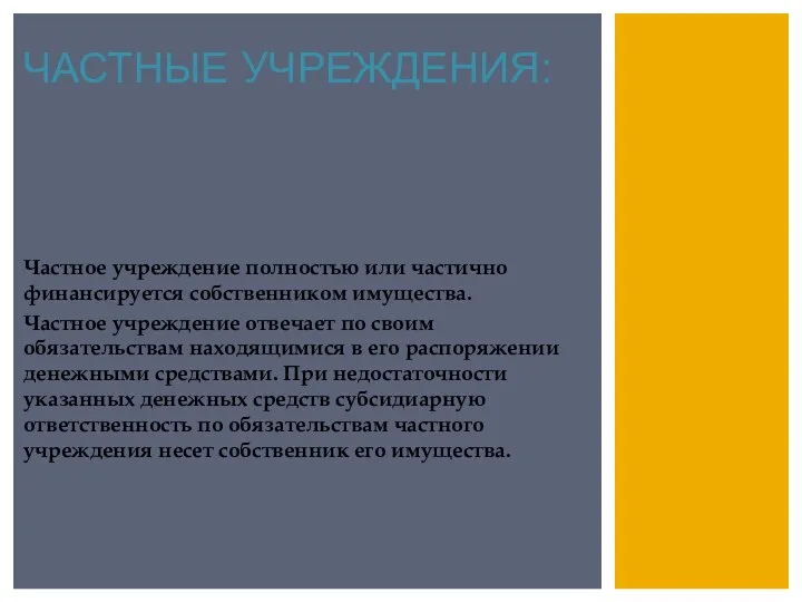 ЧАСТНЫЕ УЧРЕЖДЕНИЯ: Частное учреждение полностью или частично финансируется собственником имущества. Частное учреждение