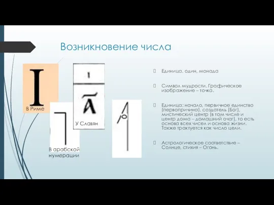 Возникновение числа Единица, один, монада Символ мудрости. Графическое изображение – точка. Единица: