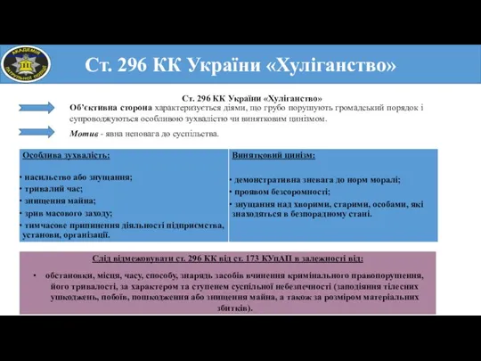 Ст. 296 КК України «Хуліганство» Об’єктивна сторона характеризується діями, що грубо порушують