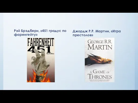 Рэй Брэдбери, «451 градус по фаренгейту» Джордж Р.Р. Мартин, «Игра престолов»