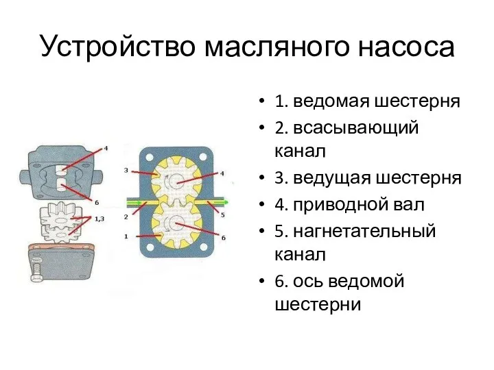 Устройство масляного насоса 1. ведомая шестерня 2. всасывающий канал 3. ведущая шестерня