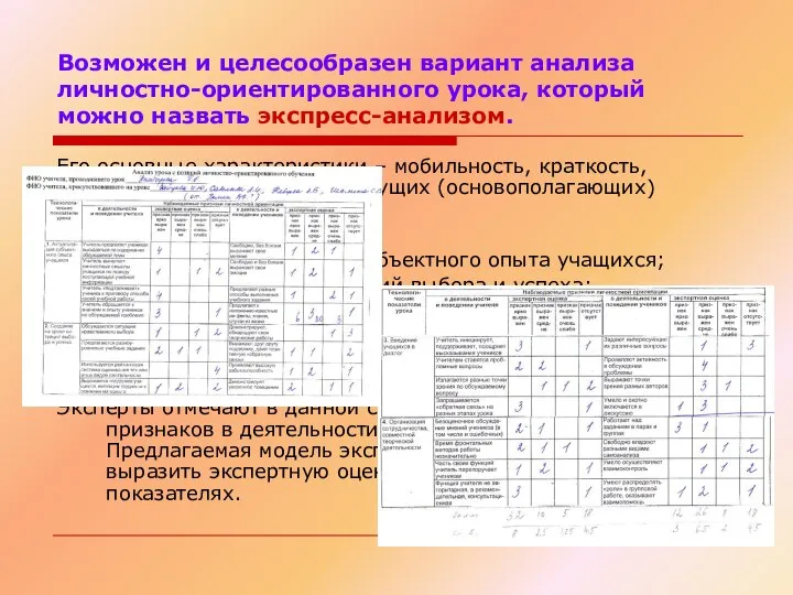 Возможен и целесообразен вариант анализа личностно-ориентированного урока, который можно назвать экспресс-анализом. Его