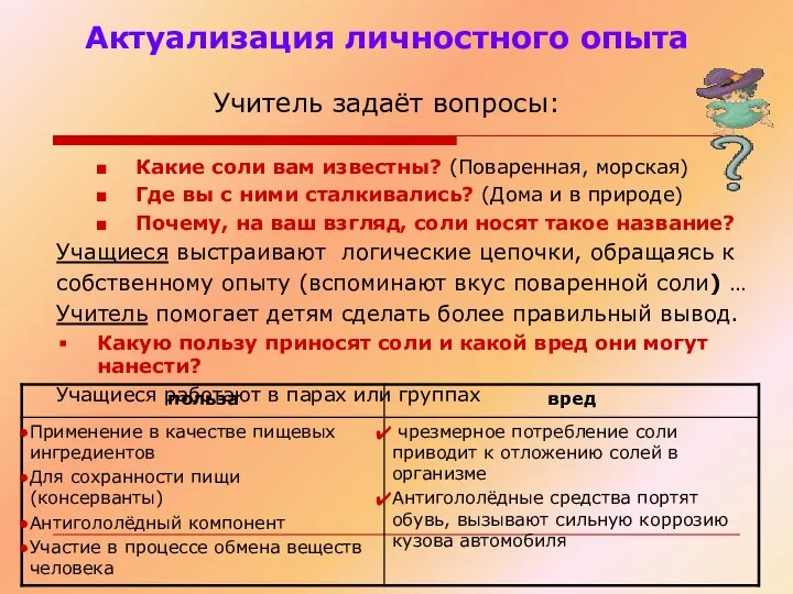 Актуализация личностного опыта Учитель задаёт вопросы: Какие соли вам известны? (Поваренная, морская)