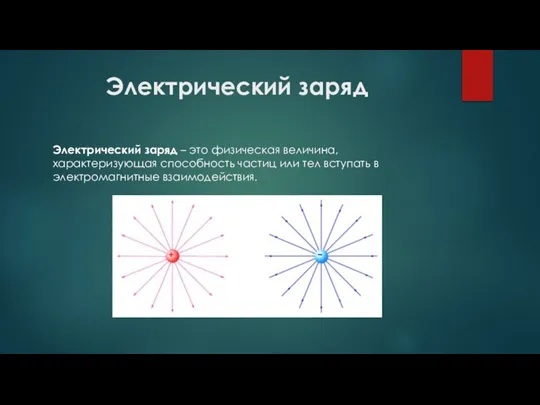 Электрический заряд Электрический заряд – это физическая величина, характеризующая способность частиц или