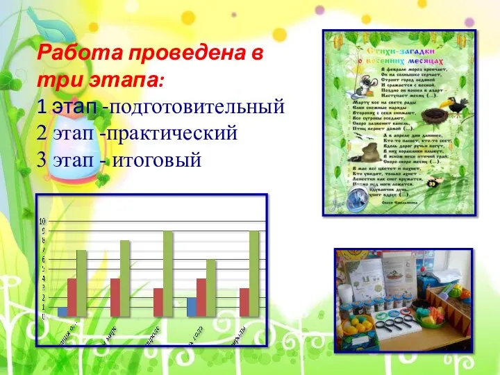 Работа проведена в три этапа: 1 этап -подготовительный 2 этап -практический 3 этап - итоговый