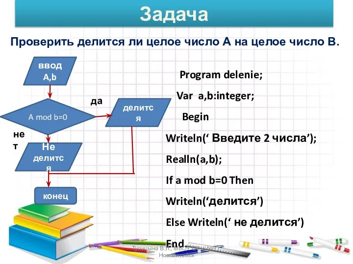 Проверить делится ли целое число А на целое число В. Program delenie;