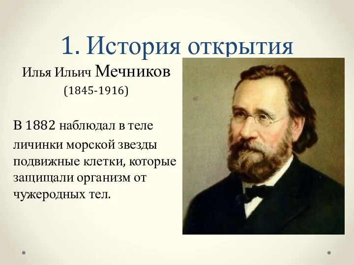 1. История открытия Илья Ильич Мечников (1845-1916) В 1882 наблюдал в теле