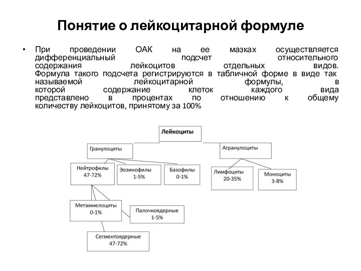 Понятие о лейкоцитарной формуле При проведении ОАК на ее мазках осуществляется дифференциальный