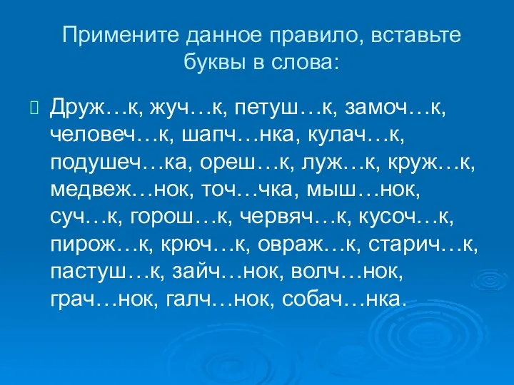 Примените данное правило, вставьте буквы в слова: Друж…к, жуч…к, петуш…к, замоч…к, человеч…к,