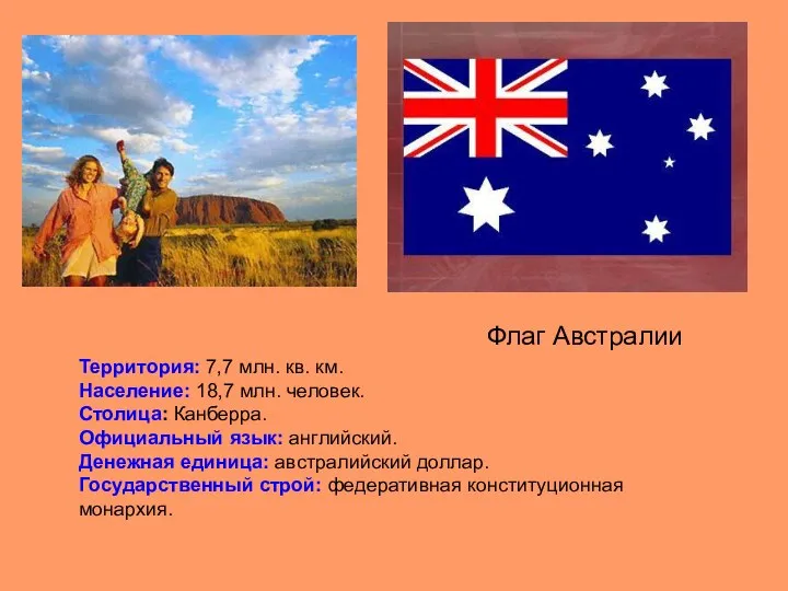 Территория: 7,7 млн. кв. км. Население: 18,7 млн. человек. Столица: Канберра. Официальный