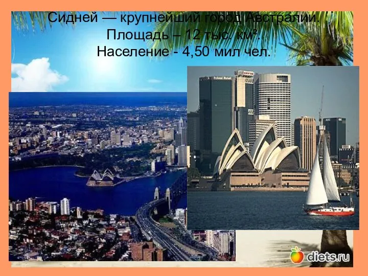 Сидней — крупнейший город Австралии. Площадь – 12 тыс. км². Население - 4,50 мил чел.