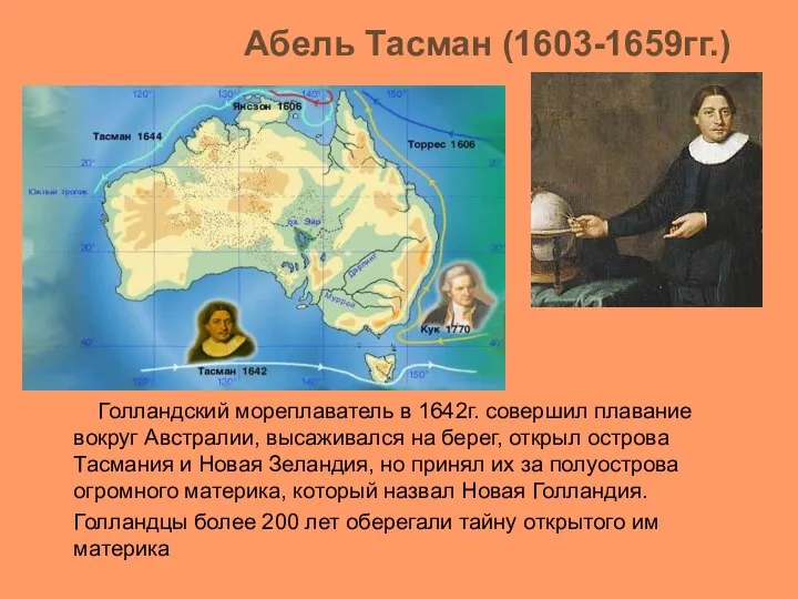 Абель Тасман (1603-1659гг.) Голландский мореплаватель в 1642г. совершил плавание вокруг Австралии, высаживался