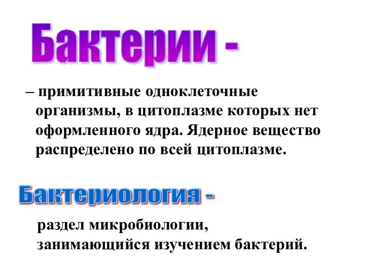 – примитивные одноклеточные организмы, в цитоплазме которых нет оформленного ядра. Ядерное вещество