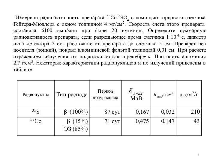 Измерили радиоактивность препарата 58Co35SO4 с помощью торцового счетчика Гейгера-Мюллера с окном толщиной