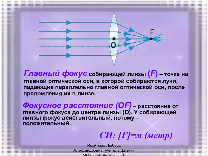 Главный фокус собирающей линзы (F) – точка на главной оптической оси, в