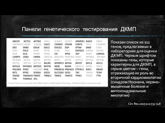 Панели генетического тестирования ДКМП Показан список из 111 генов, предлагаемых в лабораториях