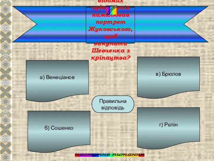 Хто з відомих художників намалював портрет Жуковського, щоб викупити Шевченка з кріпацтва?