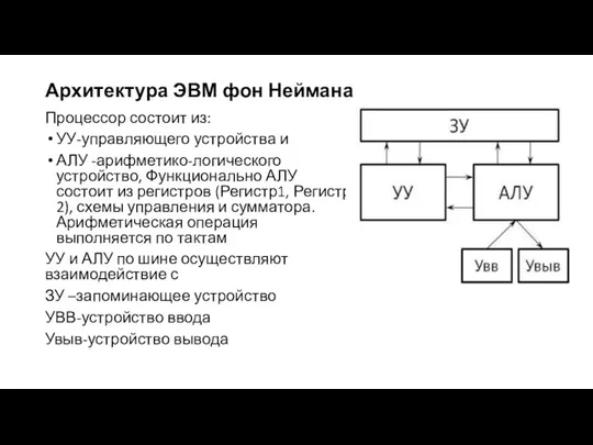 Архитектура ЭВМ фон Неймана Процессор состоит из: УУ-управляющего устройства и АЛУ -арифметико-логического