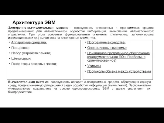 Архитектура ЭВМ Электронно-вычислительная машина— совокупность аппаратных и программных средств, предназначенных для автоматической