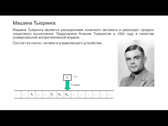 Машина Тьюринга Машина Тьюринга является расширением конечного автомата и реализует процесс пошагового