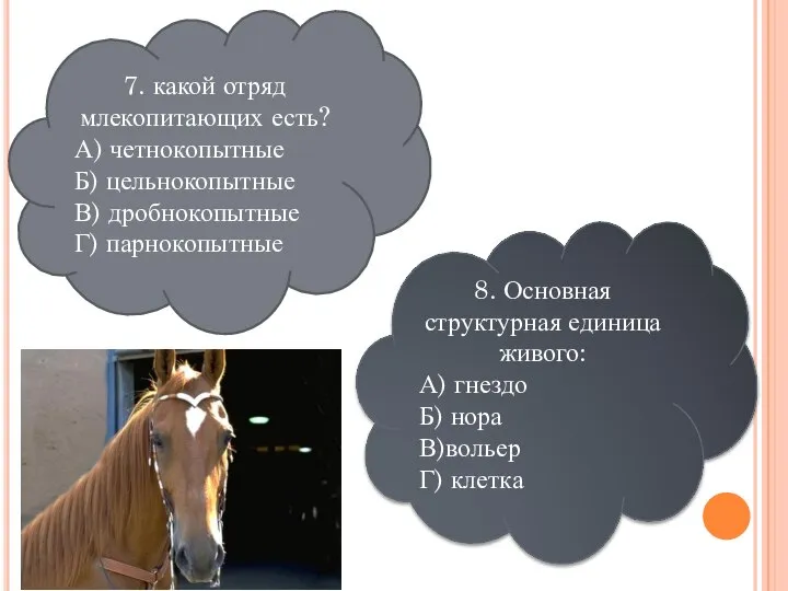 8. Основная структурная единица живого: А) гнездо Б) нора В)вольер Г) клетка