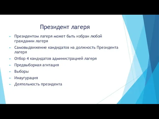 Президент лагеря Президентом лагеря может быть избран любой гражданин лагеря Самовыдвижение кандидатов