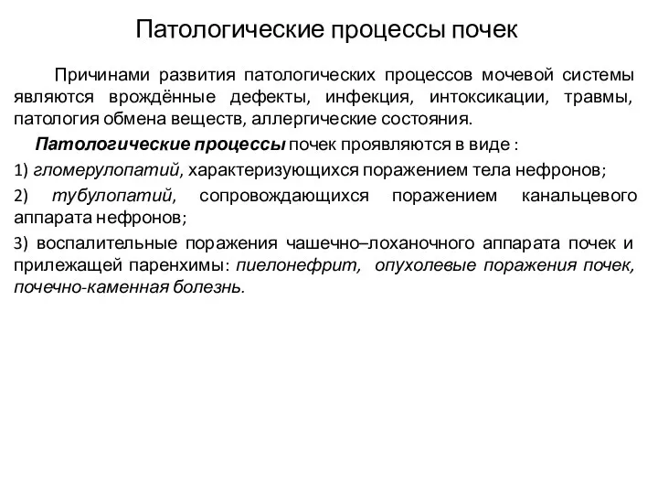 Патологические процессы почек Причинами развития патологических процессов мочевой системы являются врождённые дефекты,