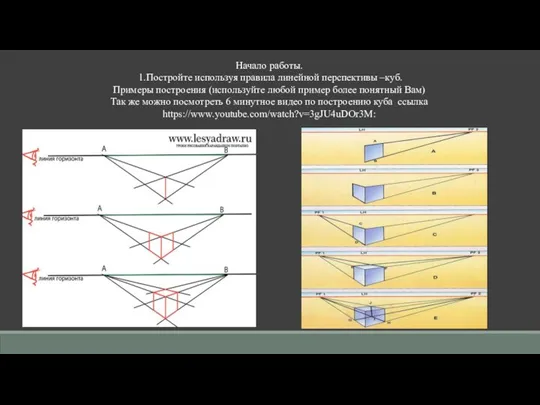 Начало работы. 1.Постройте используя правила линейной перспективы –куб. Примеры построения (используйте любой