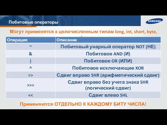 Побитовые операторы Могут применятся к целочисленным типам long, int, short, byte, char